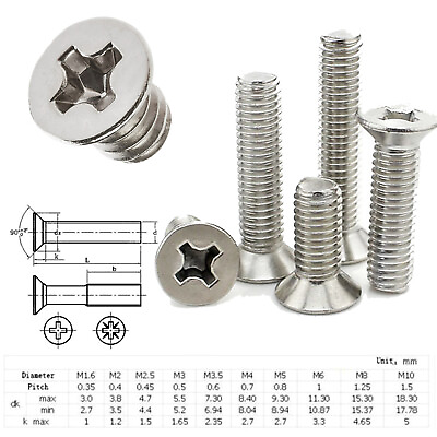 #ad 150PC Metric M2 M3 M4 M6 Stainless Steel 304 Phillips Countersunk Flat Head Bolt $9.44
