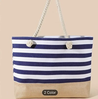 #ad New Canvas Beach Bag Large Tote Zippered Waterproof Lining Blue White Stripes $32.95