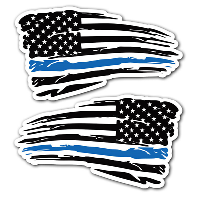#ad 2x Thin Blue Line Flag Stickers mirrored Vinyl Decal Police tattered Blue lives $3.99