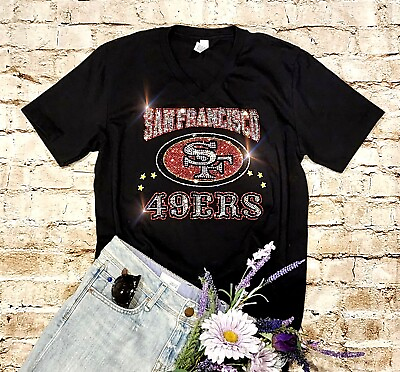 #ad Womens San Francisco 49ers Rhinestone New Womens Sizing VNeck T shirt S thru 4X $27.99