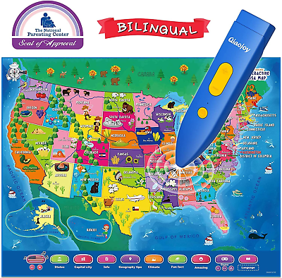 Qiaojoy V2 Interactive Kids Map Bilingual United States Map for Kids Learning $69.83