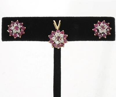 #ad 9K Yellow Gold Natural Ruby amp; Diamond Pendant and Pierced Earrings Set 3.9g $224.99