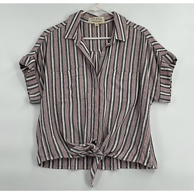 #ad Cloth amp; Stone Striped Short Sleeve Tie Front Linen Blend Shirt Women#x27;s Size M $16.74
