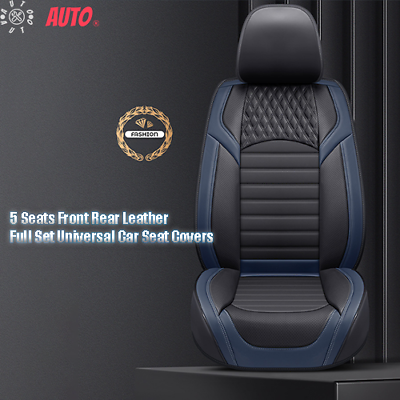 #ad Full Set Universal Car Seat Covers 5 Seats Front Rear Leather Blue With Black $75.99