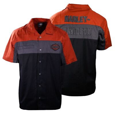 Harley Davidson Men#x27;s 3 Tone Red Grey Black Color Block S S Woven Shirt $49.00