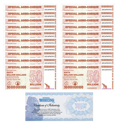#ad 20 Zimbabwe 50 Billion Special Agro Cheque banknote 2008 P 63 USED COA $57.99