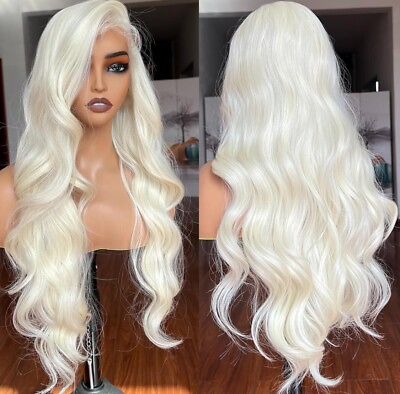 #ad Long White Platinum Blonde Human Hair Blend Lace Front Wig Curls 13x4 Heat Safe $97.52