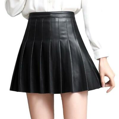 #ad Women Fall Winter Mini Pleated Skirt Real Leather High Waist Slim A line Skirt L $63.84