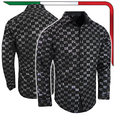 #ad Luxury Italian Shirt Mens Designer Shiny Chrome Striped Logo Slim Stretch Button $29.95