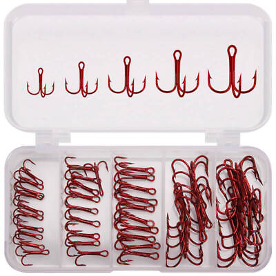 #ad 50pcs Sharp High Carbon Steel Fishing Hooks Barbed Treble Red 2 4 6 8 10# Hook $19.99