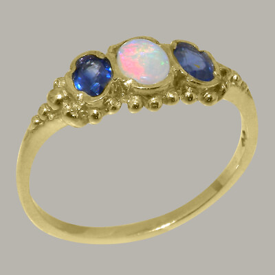 #ad Solid 9k Yellow Gold Natural Opal amp; Sapphire Womens Trilogy Ring Sizes 4 to 12 $369.00