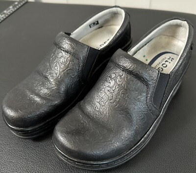 #ad Klogs Footwear Black Leather Slip On Clogs Women 7 Non Marking Casual $34.98