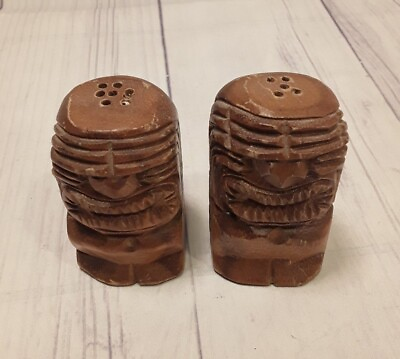 #ad Vintage Hand Carved Wood Aztec Tiki Design Salt and Pepper Shakers $12.89