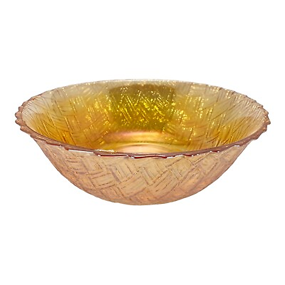 #ad Marigold Carnival Glass Serving Bowl Basket Weave Design Vintage 9” X 3” $10.00