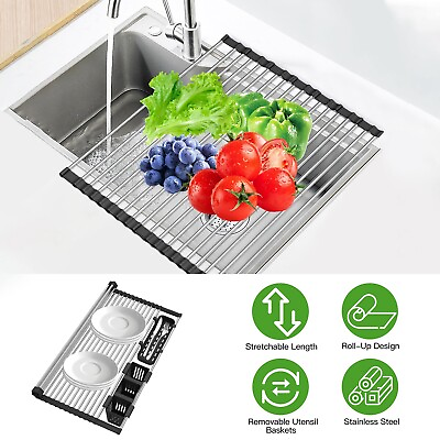 #ad Expandable Over Sink Drying Rack Dish Food Drainer Stainless Roll Up w 2Baskets $25.88