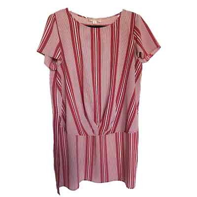 #ad Misia Womens Blouse Size 1X High Low Red Cream Striped Blouse Top Crinkle NEW $25.00