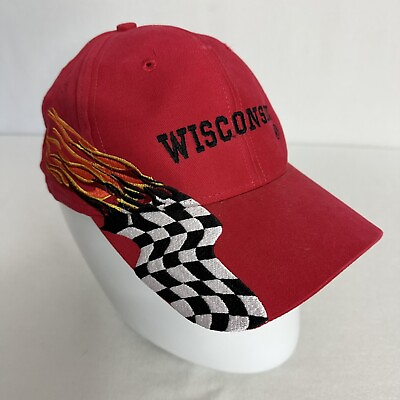 #ad Falcon Wisconsin Red Racing Cap Embroidered Adjustable Flames Checkered Flag $12.09