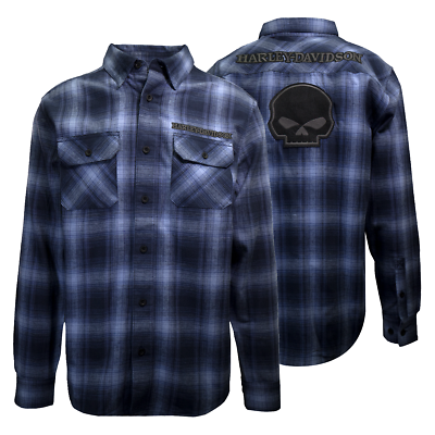 #ad Harley Davidson Men#x27;s Blue Plaid Skull L S Woven Shirt S01 $49.60