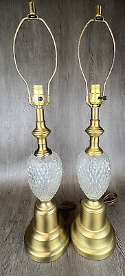 #ad Pair Gold Brass Tone Diamond Pressed Glass Table Lamps 28quot; Hollywood Regency $159.99