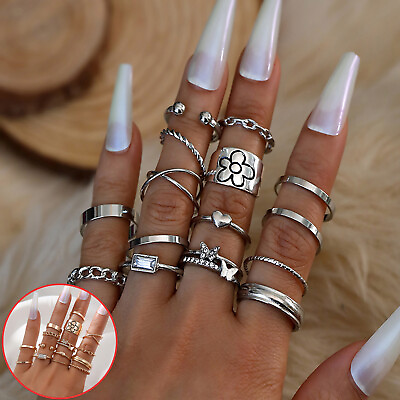 #ad 15Pcs Women Bohemian Rings Knuckle Rings Set Gem Crystal Rings Joint Knot Ring $8.54