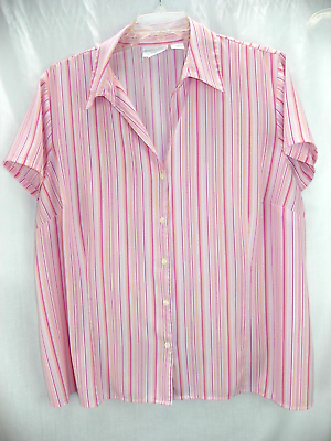 #ad WORTHINGTON WOMAN 2X Pink Stripe Poly Blend Short Sl. Button Front Blouse Top $14.00