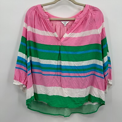 #ad Crown amp; Ivy Womens 2X Split Neck Blouse Top Striped Pink Green Beach Summer $14.59
