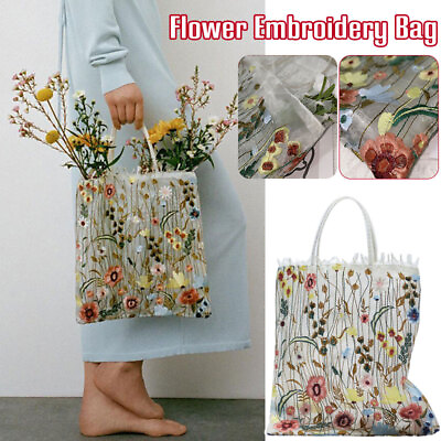#ad Womens Student Mesh Hand Embroidered Flower Portable Shoulder Bag Lace Tote Bag $10.73