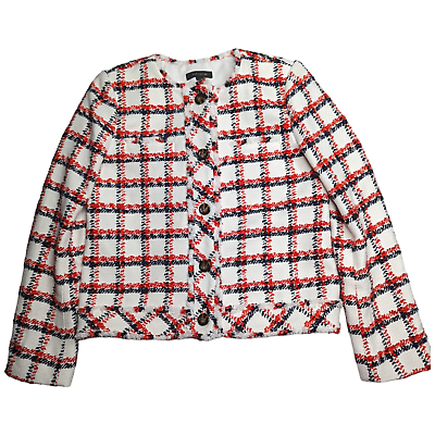 #ad Ann Taylor White Red Blue Plaid Tweed Fringe Trim Button Up Blazer Jacket S 4 $59.00