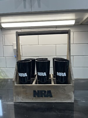 #ad #ad NRA National Rifle Association 6 Black Beer Drinking Glasses In Wood Carrier $75.00