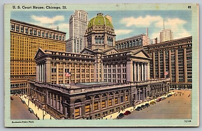 #ad US Court House Chicago Illinois American Flag Birds Eye View Linen VNG Postcard $12.00