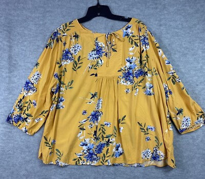 #ad St. Johns Bay Shirt Womens 2X Loose Fit Yellow Floral Blouse Modest 3 4 Slv $14.00