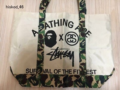 #ad A BATHING APE BAPE × Stussy Nylon Tote Bag Pouch Beige camouflage Band Rare FS $67.99