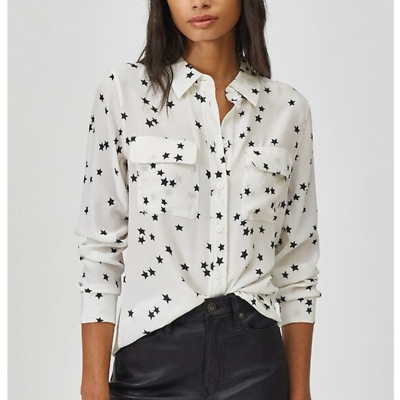 #ad Equipment Slim Signature 100% Silk Shirt XS White Star Print Button Down Top $44.99