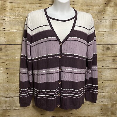 #ad Alfred Dunner Size 2X Faux Twinset Sweater Purple White Striped Cardigan USA $26.99