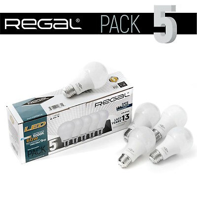 #ad 5 Pack Non Dimmable Regal LED 5000K 60W Equivalent 9W Daylight A19 E26 Bulbs $10.99