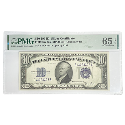 #ad 1934D $10 Silver Certificate Note Fr #1705W Wide PMG 66 Gem UNC EPQ BA Block $499.99