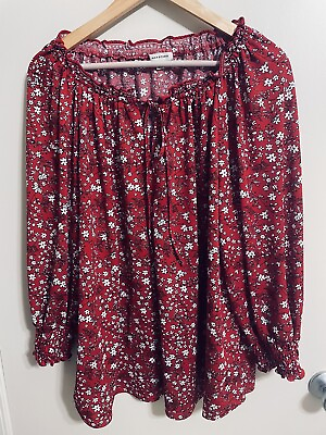 #ad Max Studio Womens Plus Size 2X Red Floral Tie Neck Blouse 3 4 Sleeve Stretch $15.00