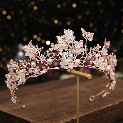 #ad Rose Gold Butterfly Crown Tiara Queen Princess Quinceanera Birthday pink pearl $25.99