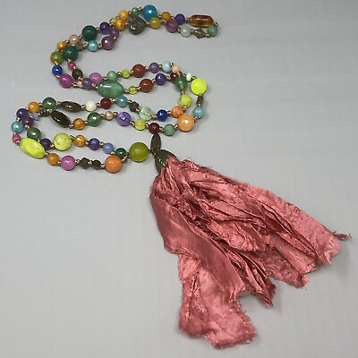 #ad Boho Stone Tassel Necklace Multicolor Gemstone amp; Acrylic Beads Pink Fabric 42quot; $19.19