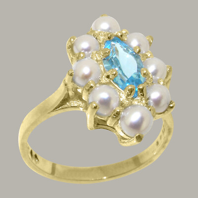 #ad Solid 9k Yellow Gold Natural Blue Topaz amp; Pearl Womens Cluster Ring $419.00