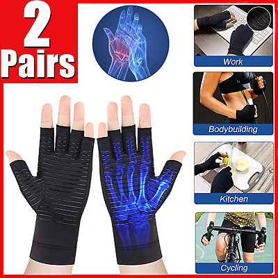 #ad 2 Pairs Copper Compression Arthritis Gloves Carpal Tunnel Joint Pain Relief Hand $9.85