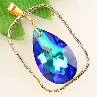 #ad 5pcs Faceted Blue Crystal Teardrop Tibetan Golden Oblong Pendant Bead $15.59