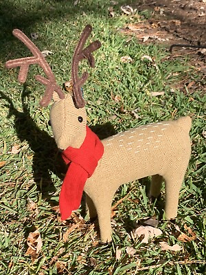 #ad Tall 16 In. Tan Fabric Reindeer Red Scarf Christmas Holiday Home Decor Tabletop $34.99