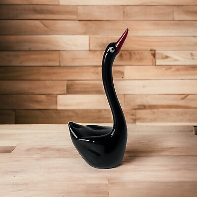 #ad Art Glass Black Swan Figurine with Red Beak 6.25”x3.5” $13.00