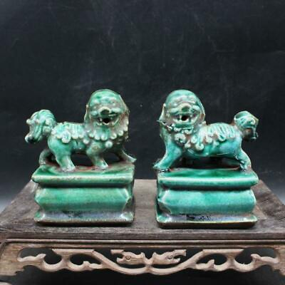 Chinese Old Marked Green Glazed Pair Porcelain Foo Dog Palace Lions Collection $34.11