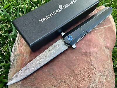 #ad Premium EDC Damascus Pocket Knife Tc4 Titanium Handle Ball Bearing Pivot Open $66.98