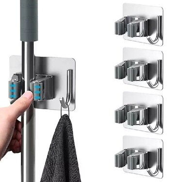#ad 4 Pcs Stainless Steel Mop amp; Broom Holder Set Self Adhesive Wall Mount Grippers $12.99