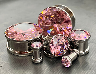 #ad PAIR Large Pink Gem Screw Fit Tunnels Plugs Gauges select size 6g up to 20mm $12.95