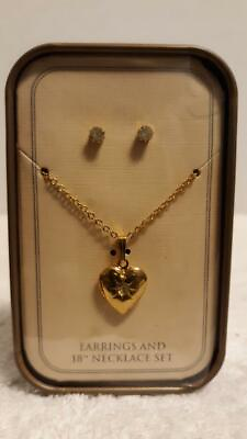 #ad 18 Inch Gold Plated Heart amp; Earrings Set w Reusable Tin Box $9.99