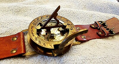 #ad Sun Dial Leather Watch Brass Compass Leather Old Gold Lustre Unusual UK $17.79